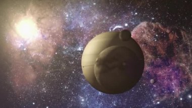 Satürn gezegeni. Uzaydan görünen halkalarla satürn animasyonu, karanlık arka planda uydu görüntüsünde dönen dünya. Küresel uzay keşfi uzay yolculuğu konsepti dijital olarak oluşturulmuş görüntü.