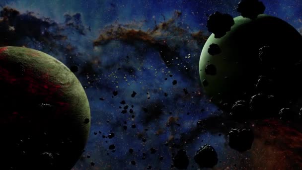 驚くべき小惑星のフィールド 星と暗い深い宇宙小惑星のフィールドを通して美しい映画の飛行 暗い空間での現実的な小惑星や隕石の岩 回転と移動 — ストック動画