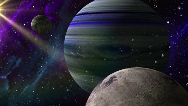 토성을 배경으로 애니메이션 우주에서 수있는 고리들이 지구는 어두운 위에서 위에서 — 비디오