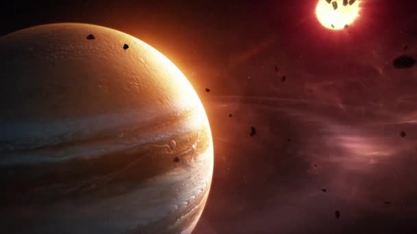 木星惑星 宇宙から見た木星のアニメーション 暗い背景の衛星ビューで回転する地球 世界の宇宙探査宇宙旅行の概念デジタル生成された画像 — ストック動画