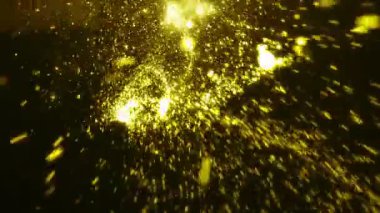 Altın parçacık duşu bokeh ışığı. Soyut hareket arka planı altın parçacıkları parlıyor. Bokeh 'le parıldayan parçacıklar. Toz parçacıkları Siyah arkaplanda parlıyor.