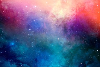 Kozmik tozla kaplı yıldızlı gökyüzü. Gökyüzündeki uzay yıldızı. Yıldız kümeleri, gaz bulutları, nebula, yıldız alanı, genç yıldızlarla parlayan devasa nebula. Uzay arkaplanı. Sanatçı oluşturuldu.