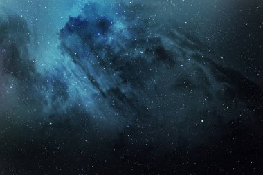 Kozmik tozla kaplı yıldızlı gökyüzü. Gökyüzündeki uzay yıldızı. Yıldız kümeleri, gaz bulutları, nebula, yıldız alanı, genç yıldızlarla parlayan devasa nebula. Uzay arkaplanı. Sanatçı oluşturuldu.