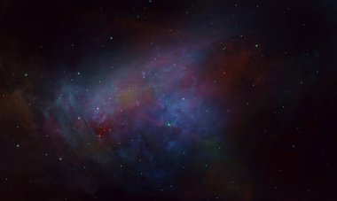  Kozmik tozla kaplı yıldızlı gökyüzü. Gökyüzündeki uzay yıldızı. Yıldız kümeleri, gaz bulutları, nebula, yıldız alanı, genç yıldızlarla parlayan devasa nebula. Uzay arkaplanı. Sanatçı oluşturuldu.