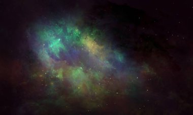 Kozmik tozla kaplı yıldızlı gökyüzü. Gökyüzündeki uzay yıldızı. Yıldız kümeleri, gaz bulutları, nebula, yıldız alanı, genç yıldızlarla parlayan devasa nebula. Uzay arkaplanı. Sanatçı oluşturuldu.
