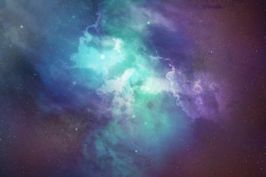 Kozmik tozla kaplı yıldızlı gökyüzü. Gökyüzündeki uzay yıldızı. Yıldız kümeleri, gaz bulutları, nebula, yıldız alanı, genç yıldızlarla parlayan devasa nebula. Uzay arkaplanı. Sanatçı oluşturuldu.