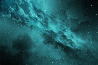 Kozmik tozla kaplı yıldızlı gökyüzü. Gökyüzündeki uzay yıldızı. Yıldız kümeleri, gaz bulutları, nebula, yıldız alanı, genç yıldızlarla parlayan devasa nebula. Uzay arkaplanı. Sanatçı oluşturuldu.