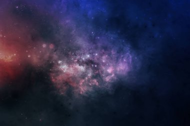 Kozmik tozla kaplı yıldızlı gökyüzü. Gökyüzündeki uzay yıldızı. Yıldız kümeleri, gaz bulutları, nebula, yıldız alanı, genç yıldızlarla parlayan devasa nebula. Uzay arkaplanı. Sanatçı oluşturuldu.