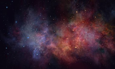 Kozmik tozla kaplı yıldızlı gökyüzü. Gökyüzündeki uzay yıldızı. Yıldız kümeleri, gaz bulutları, nebula, yıldız alanı, genç yıldızlarla parlayan devasa nebula. Uzay arkaplanı. Sanatçı oluşturuldu.