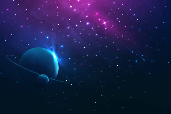 Outer space image of stars and planet. Star clusters, nebula outer space background. Bright and vibrant Multicolor Starfield. Outer space planets. Alien planet artist render