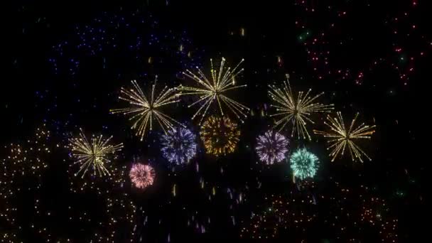 Luminoso Colorato Fuochi Artificio Sfondo Sovrapposizione Uno Spettacolo Fuochi Artificio — Video Stock