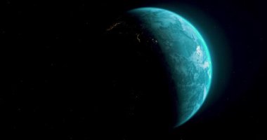 Uzaydan gelen dünya gezegeni. Yörünge uydusundan Dünya 'nın güzel görüntüsü. Toprağın gündüz ve gece ışıkları. Dünya gezegeni dönen animasyon. uzay, gezegen, galaksi, yıldızlar, evren, deniz, toprak, günbatımı, dünya.