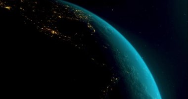 Uzaydan gelen dünya gezegeni. Toprağın gündüz ve gece ışıkları. Dünya gezegeni dönen animasyon. uzay, gezegen, galaksi, yıldızlar, evren, deniz, toprak, günbatımı, dünya. Yörünge uydusundan Dünya 'nın güzel görüntüsü. 