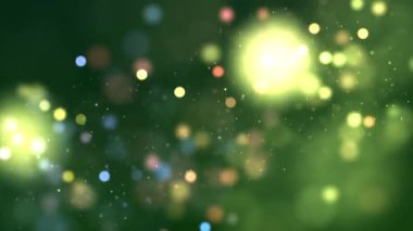 Green color Delightful soft light bokeh and particles visuals with shallow depth of field. Abstract background with animation of flying and flickering particles as bokeh of light.