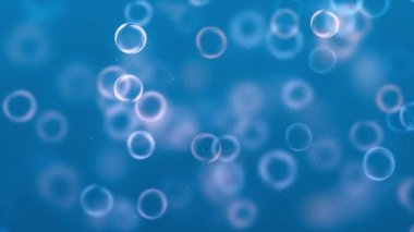 Abstract blue bubble light bokeh background. Elegant, detailed, and delightful bokeh and particles visuals with shallow depth of field. Digitally created soap bubbles floating animation background.