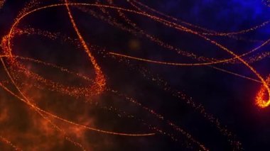Spiral hareketlerde seçici odaklı soyut dijital yıldız tozu parçacık dalgası. Sıcak turuncu, organik hareketlerle aydınlatılmış altın parçacıklar. Alan ayarlarının derinliklerindeki parçacık yıldızları tozu. 3 boyutlu görüntüleme. Parlak parçacık koyu arkaplanı.