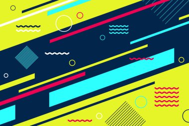 Yellow orange color 2d abstract mathematical geometrical shapes illustration background. Bright colored retro style flat circle, rectangle, wavy zigzag shape dynamic motion graphics background for videos, title and text animation.