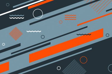 Grey orange color 2d abstract mathematical geometrical shapes illustration background. Bright colored retro style flat circle, rectangle, wavy zigzag shape dynamic motion graphics background for videos, title and text animation.