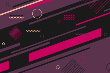 Magenta color 2d abstract mathematical geometrical shapes illustration background. Bright colored retro style flat circle, rectangle, wavy zigzag shape dynamic motion graphics background for videos, title and text animation.