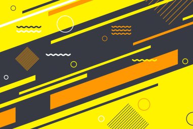 Yellow grey color 2d abstract mathematical geometrical shapes illustration background. Bright colored retro style flat circle, rectangle, wavy zigzag shape dynamic motion graphics background for videos, title and text animation.