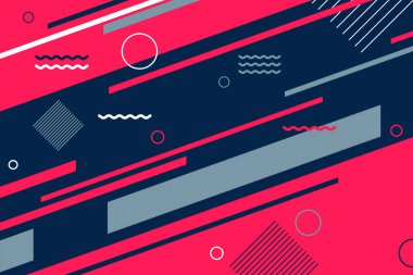 Red grey color 2d abstract mathematical geometrical shapes illustration background. Bright colored retro style flat circle, rectangle, wavy zigzag shape dynamic motion graphics background for videos, title and text animation.
