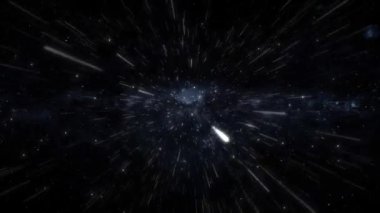 Dijital ışıkların hızı, dijital teknolojik tünellere doğru hareket eden neon ışınları. Solucan deliği zaman ve uzayda, bulutlar ve milyonlarca yıldız. Direkt olarak solucan deliğinden hızlanma.