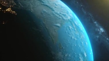 Planet Earth rotating animation. space, planet, galaxy, stars, cosmos, sea, earth, sunset, globe. Beautiful View of the Earth from Orbit Satellite. Planet earth from space.