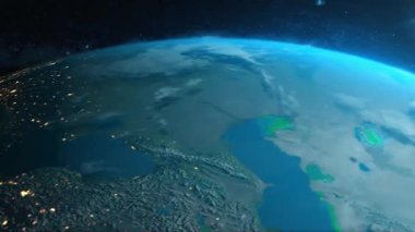 Planet Earth rotating animation. space, planet, galaxy, stars, cosmos, sea, earth, sunset, globe. Beautiful View of the Earth from Orbit Satellite. Planet earth from space.