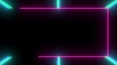 Parlayan neon çizgileri soyut teknoloji fütüristik hareket arkaplanı görünür ve kaybolur. Parlak neon arkaplan