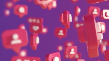3d animated floating social media Icons and reactions on pink pins. Image with shallow depth of field.