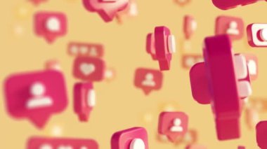 3d animated floating social media Icons and reactions on pink pins. Image with shallow depth of field.