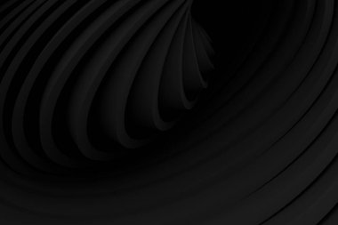 Optical illusion 3d twisted spherical motion graphics geometrical background. 3d render of monochrome abstract art of 3d background with part of surreal 3d ball with spiral twisted wavy curved lines structure inside. Black