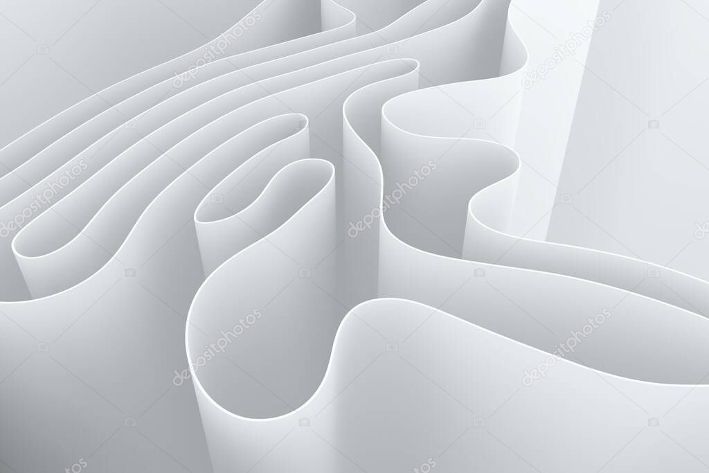 Wave bend white abstract background surface. Modern waves and lines computer generated geometric pattern. 3d geometric motion graphics backgrounds