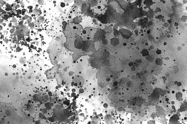 Siyah ve beyaz su rengi beyaz bir tuvalin ya da dokuma kağıdın üzerine sıçrar. Mürekkep damlaları. Boya sıçraması, grunge sıvısı sıçraması, soyut sanatsal mürekkep sıçraması. Beyaz arka planda siyah mürekkep sıçraması