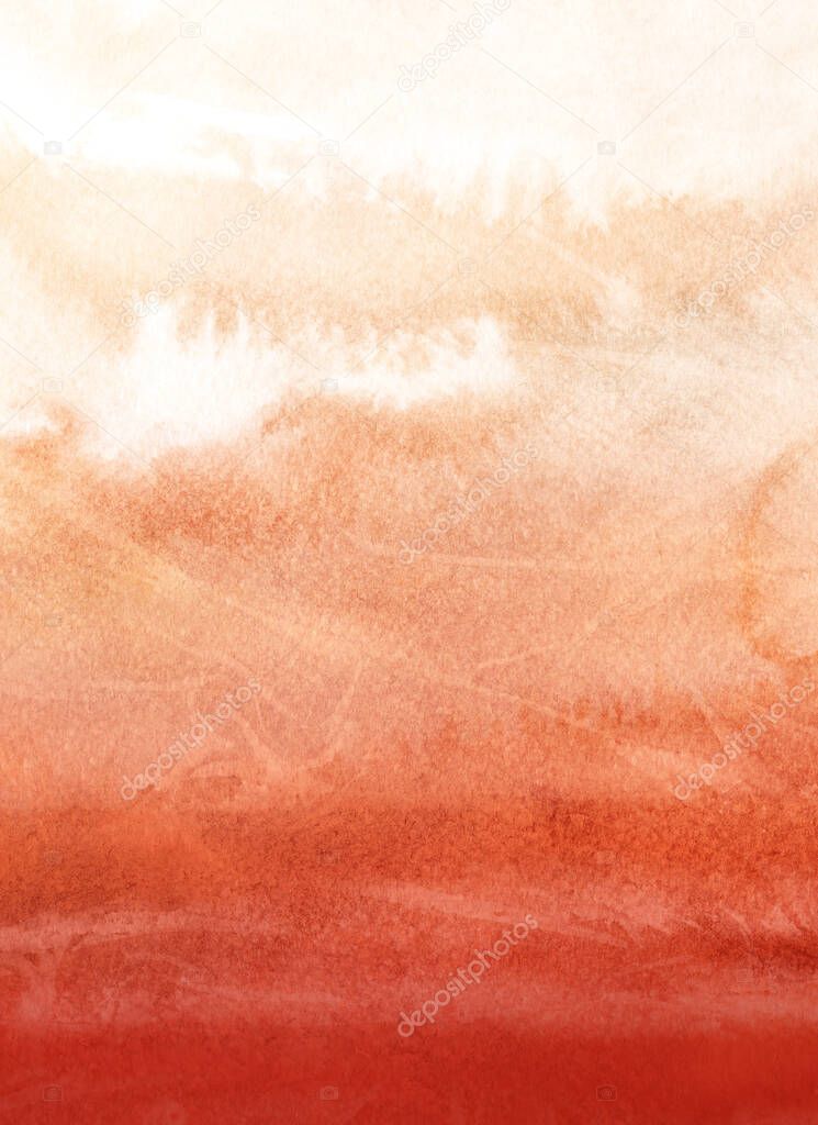 Grungy and noisy red orange cloudy watercolor texture over a white canvas or textured paper background. Pastel color Colorful Grunge rainbow textured background. Orange Grunge Watercolor texture Background.