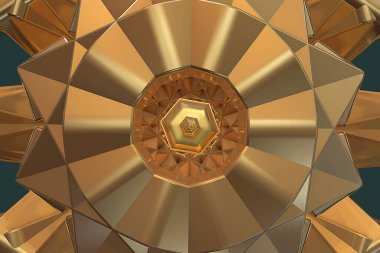 Altın metalik soyut 3d geometrik şekil arkaplanı. Parlak, zarif ve kaliteli krom altın rengi metalik 3D şekil hareketi grafikleri arka planı. Ödüller, konser, sunum, grafik tasarım ve daha fazlası için fon