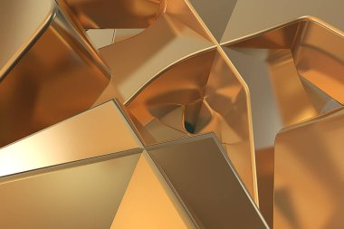 Altın metalik soyut 3d geometrik şekil arkaplanı. Parlak, zarif ve kaliteli krom altın rengi metalik 3D şekil hareketi grafikleri arka planı. Ödüller, konser, sunum, grafik tasarım ve daha fazlası için fon.
