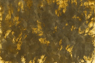 Altın Mürekkep desenli arka plan. Kağıt bir tuval üzerinde yumuşak altın su mürekkebi. Soyut altın parıltılı desenli sanat illüstrasyonu. Soyut sanat, ödüller, konser, sunum, grafik tasarım ve daha fazlası için arkaplan.