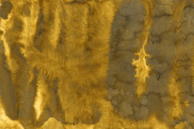 Altın Mürekkep desenli arka plan. Kağıt bir tuval üzerinde yumuşak altın su mürekkebi. Soyut altın parıltılı desenli sanat illüstrasyonu. Soyut sanat, ödüller, konser, sunum, grafik tasarım ve daha fazlası için arkaplan.