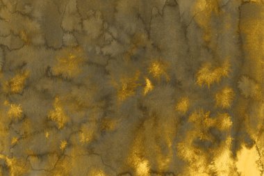 Altın Mürekkep desenli arka plan. Kağıt bir tuval üzerinde yumuşak altın su mürekkebi. Soyut altın parıltılı desenli sanat illüstrasyonu. Soyut sanat, ödüller, konser, sunum, grafik tasarım ve daha fazlası için arkaplan.