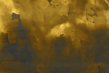 Altın Mürekkep desenli arka plan. Kağıt bir tuval üzerinde yumuşak altın su mürekkebi. Soyut altın parıltılı desenli sanat illüstrasyonu. Soyut sanat, ödüller, konser, sunum, grafik tasarımı ve daha fazlası için zemin.