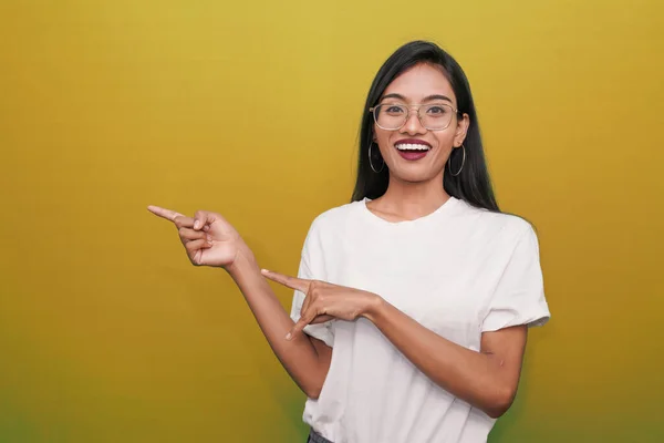 Young Asian Indian Woman Wearing White Shirt Yellow Background Pointing — Stock Photo, Image