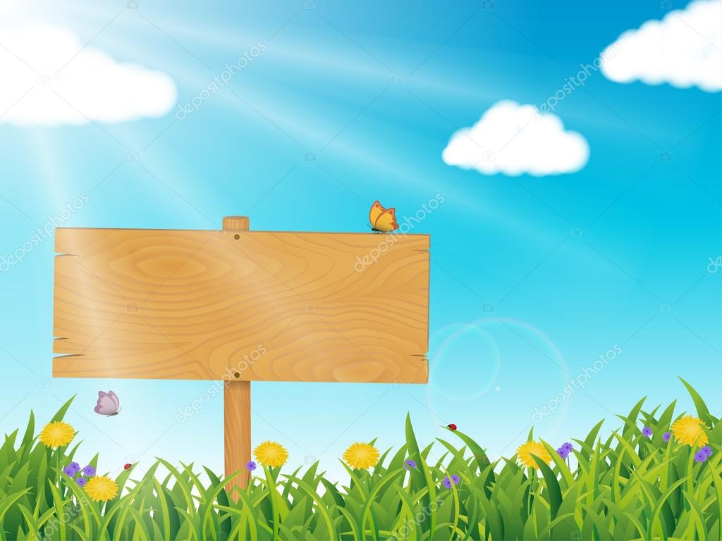 Spring Summer Scene, with grass, flowers, blue sky, fluffy clouds and ...