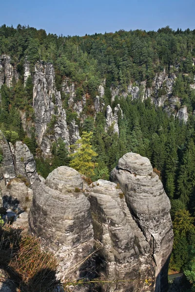 Bastei Elbe Montanhas Arenito Perto Aldeia Rathen Saxon Switzerland National — Fotografia de Stock