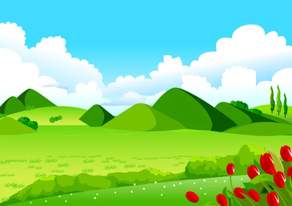 Blauer Himmel, grüne Felder und ferne Hügel — Stockvektor