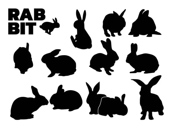 Set Van Rabbit Silhouet Vector Illustratie Bunny Silhouet Konijnenset Geïsoleerd — Stockvector