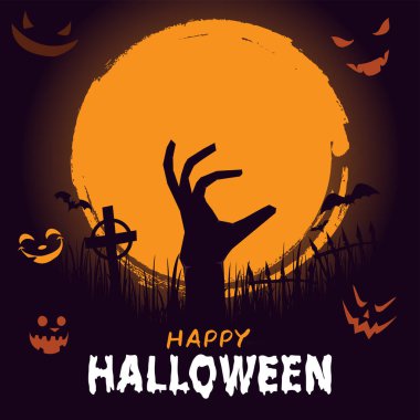 Dolunay ve zombi eli ile Cadılar Bayramınız kutlu olsun. Zombilerin ve ayın cadılar bayramı geçmişi. Mutlu Cadılar Bayramı Posteri. Hepsi tek bir katmanda. Vektör çizimi. Mutlu Cadılar Bayramı Posteri