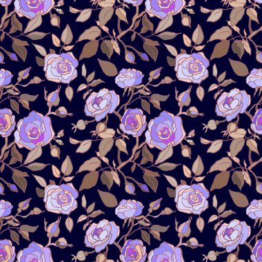 Şirin pembe çiçek deseni, mor güller. Koyu mavi arka planda bahçe çiçekleri olan kusursuz bir iz. Antika koleksiyonu. Stok vektör illüstrasyonu, yazdırma