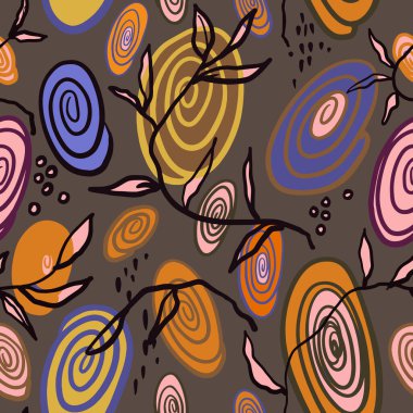 Doğrusal sanat çizilmiş kusursuz daire deseni, ağaç dalı. Sonsuz renkli doku, koyu gri arka planda iz. Vektör