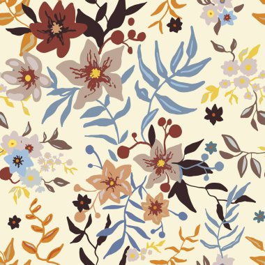 Tropik çiçek deseni. Işık arka planında renklendirilmiş, çiçekli vektörsüz desen. Stilize el boyaması bahçe zambağı ve egzotik çiçek dokusu. Modaya uygun yaprak izi. Vektör